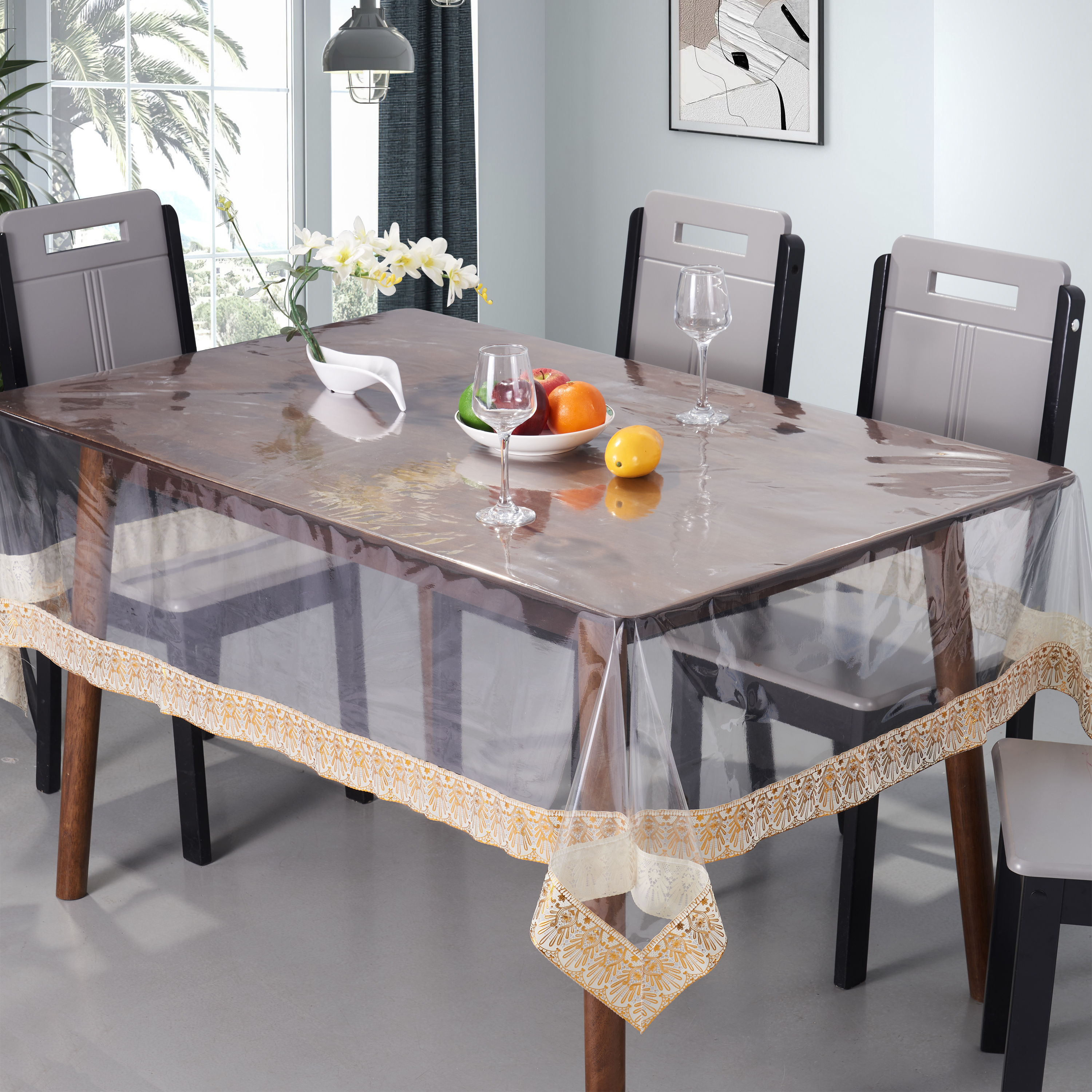 PVC Clear Tablecloth Protector_Gold 3 Inch PVC Lace Edge