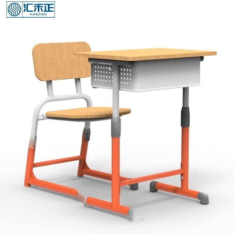 Single Seat School Desk and Chair Set Metal Study Desk with Comfortable Wood Seat for Students