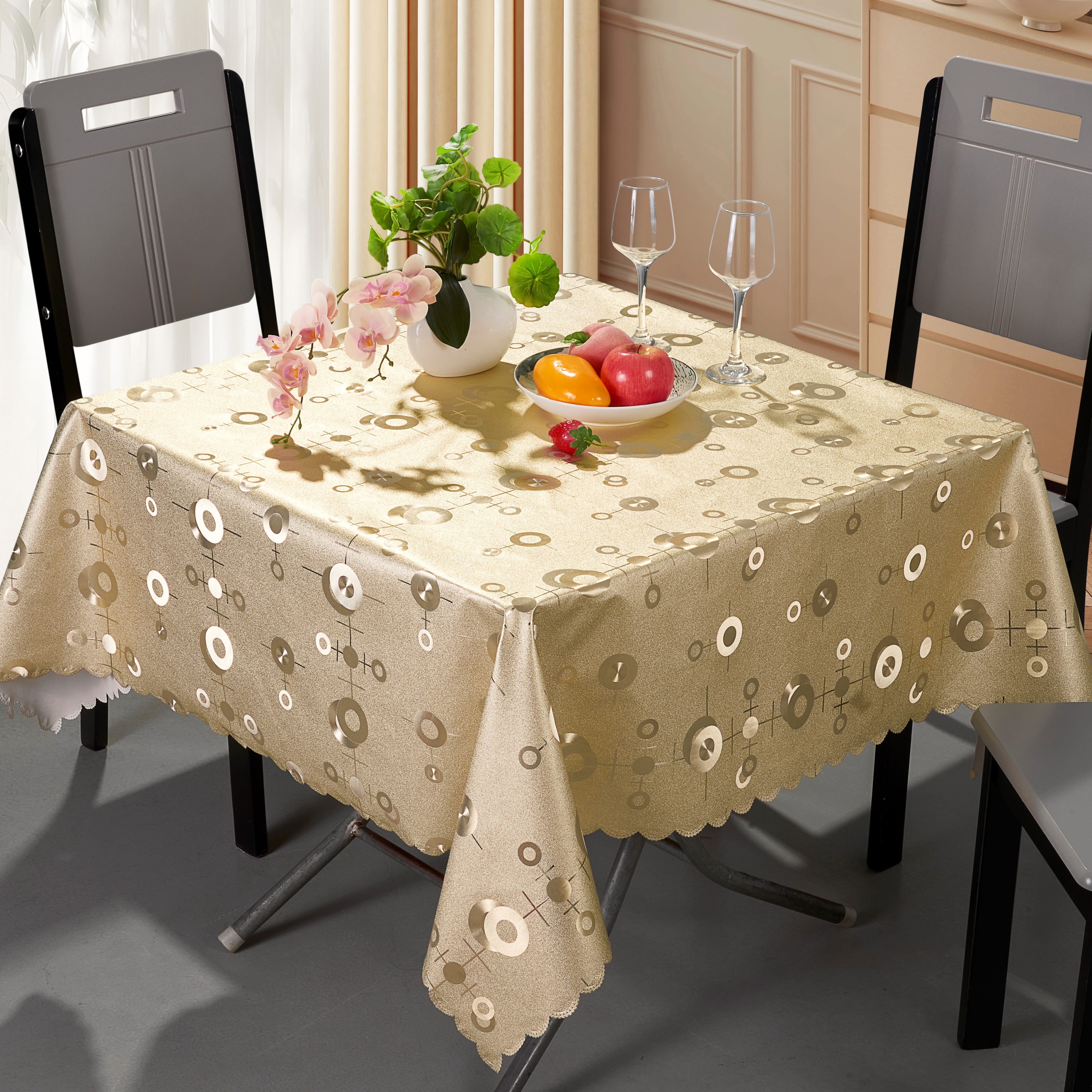 Metallic Gold and Embossed PVC Tablecloth with Yarn Backing_Butterfly Shape Edge