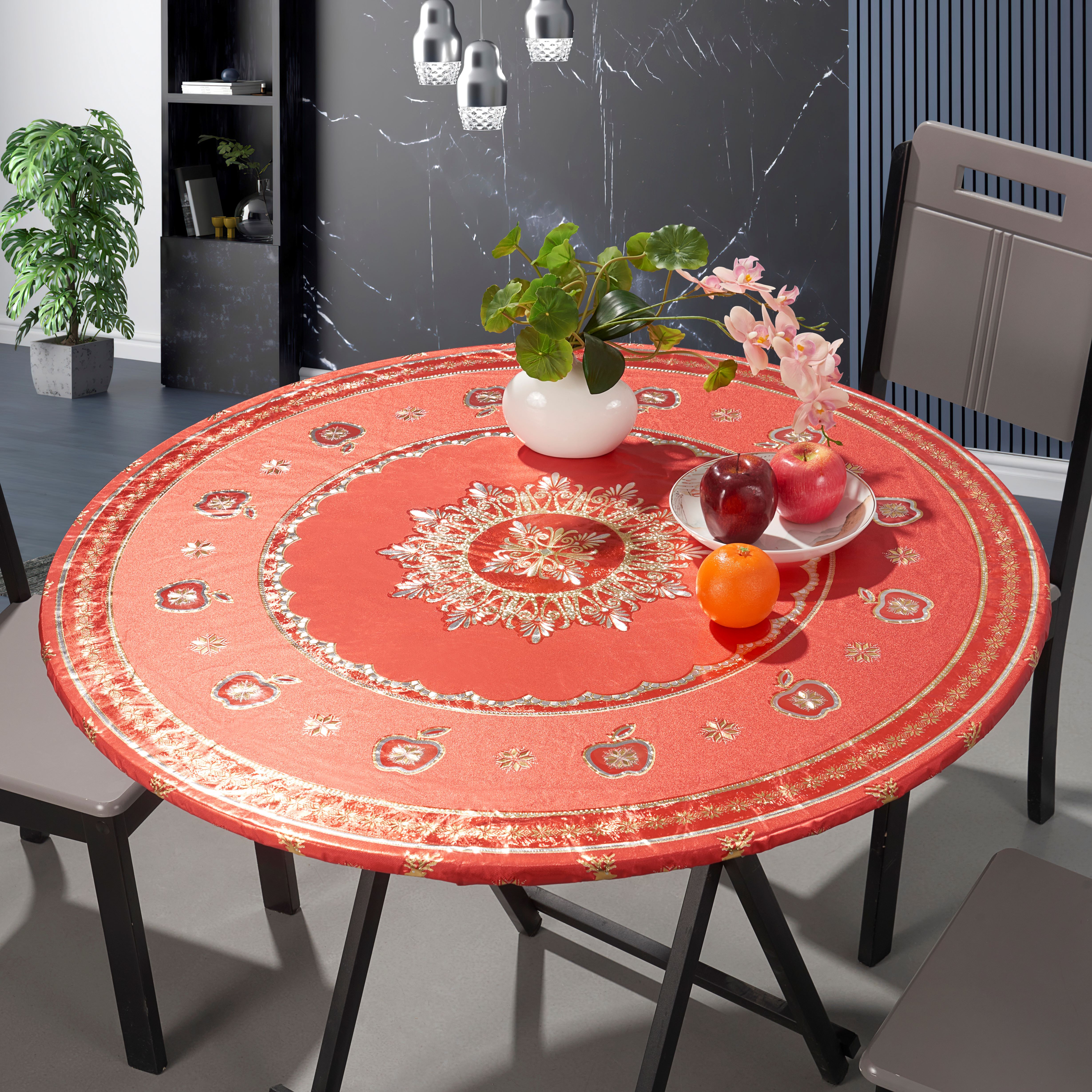Well-fit PVC Heat Transfer Printed Tablecloth with Yarn Backing for Round Table_Elastic Strap Bias