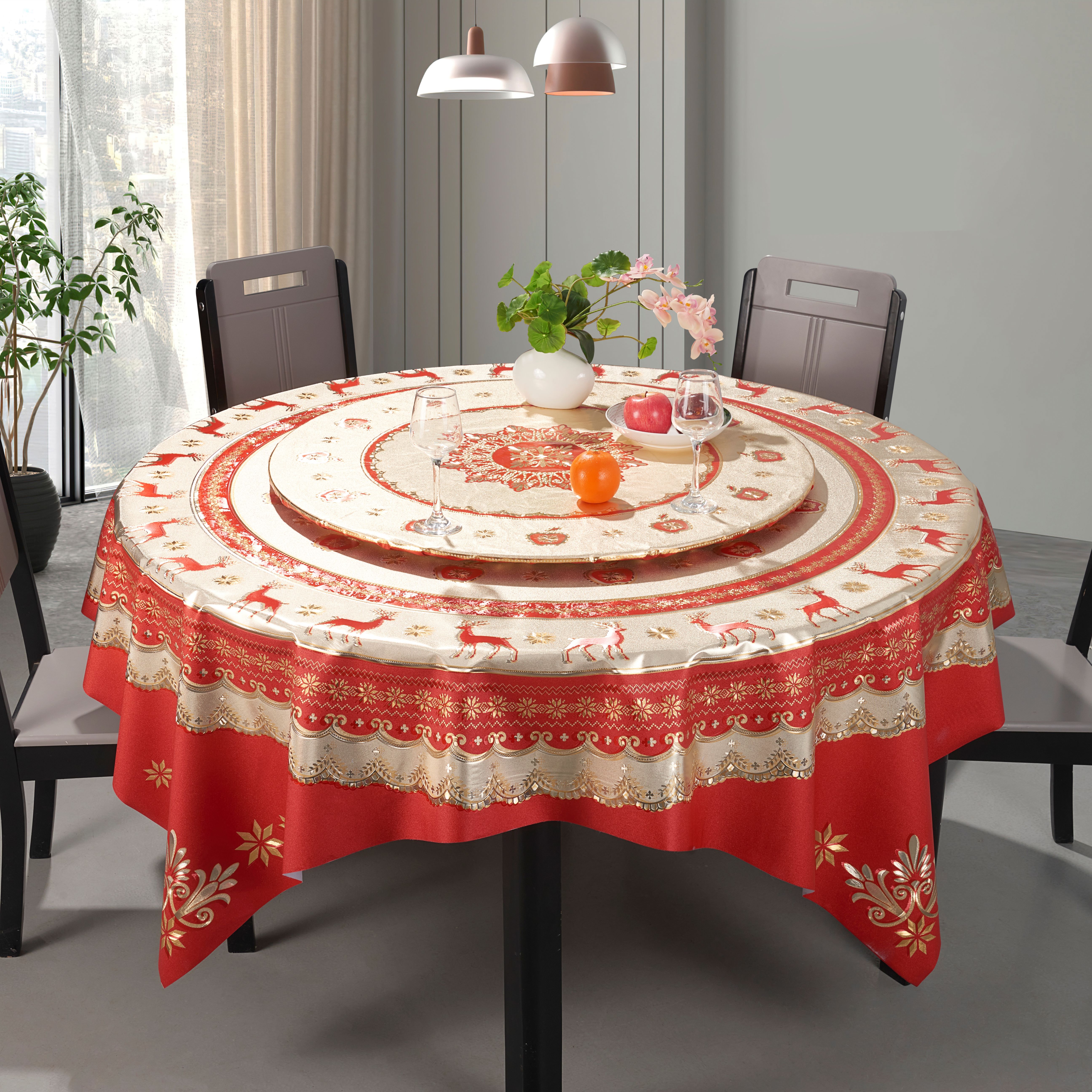 PVC Heat Transfer Printed Tablecloth Set with Yarn Backing for Round Table