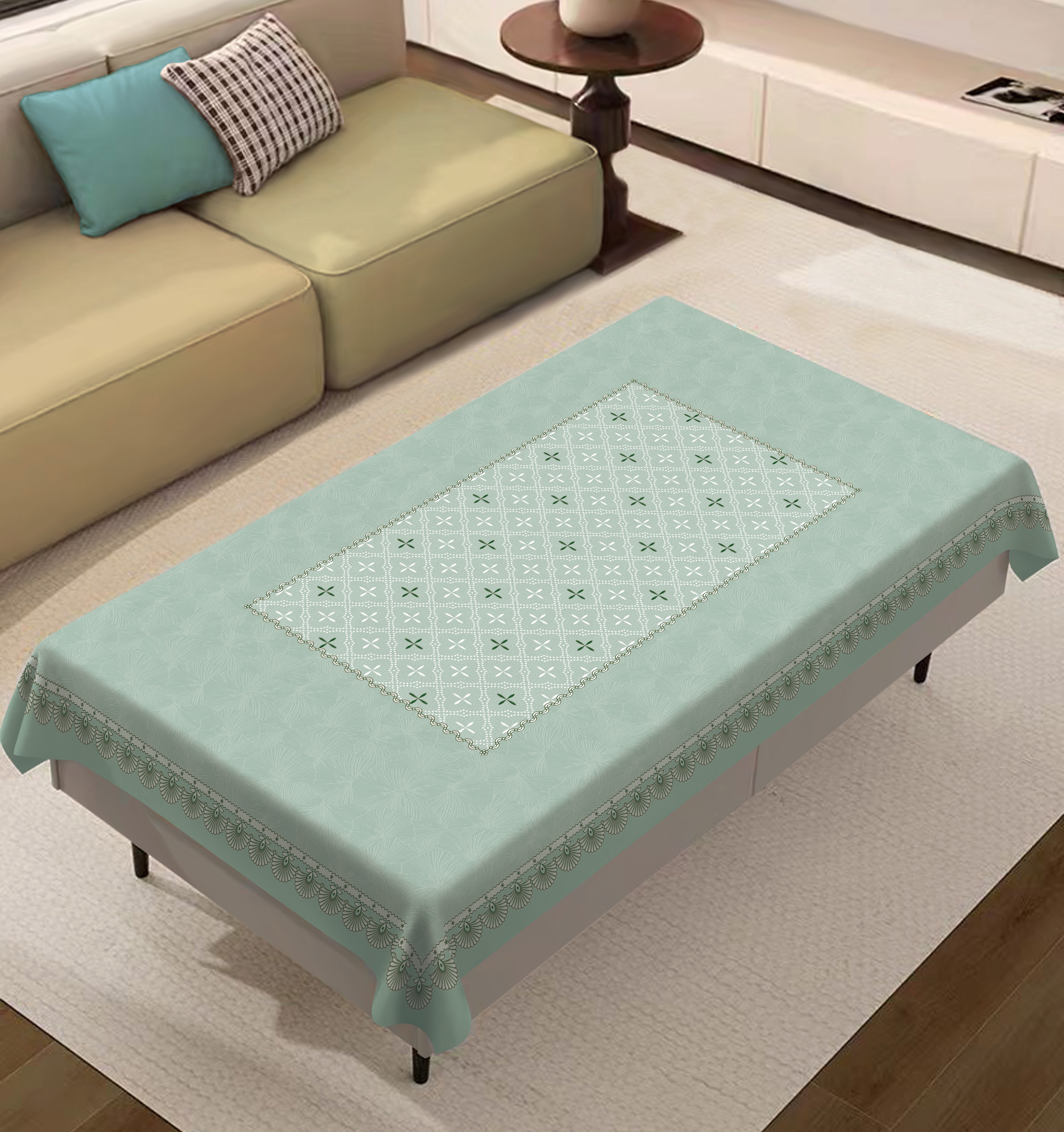 PVC Heat Transfer Printed Tablecloth with Yarn Backing for Living Room_Raw Cut Edge