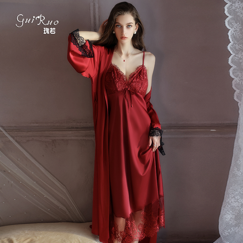 Guiruo sexy smooth satin deep V padded lace nightdress set