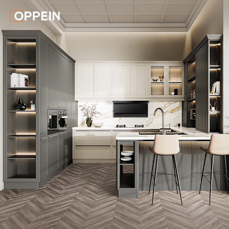OPPEIN Customized White Color Modern Design U Shape Kitchen Cabinets