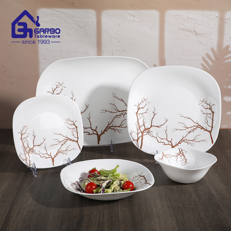 Algeria Market Popular 25PCS White Opal Glass Dinner Set with Tree Design