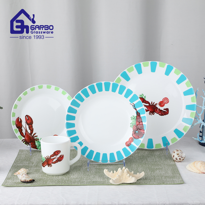 16pcs opal glass dinner set OEM decal design plates and cup white opal glassware