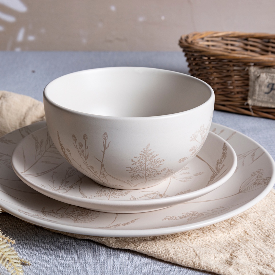 Matte glaze isolated print natural floral style stoneware tableware