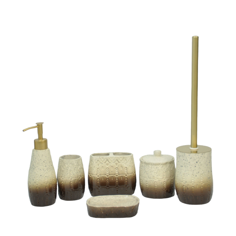 Brown and white gradient geometric relief bathroom six-piece set