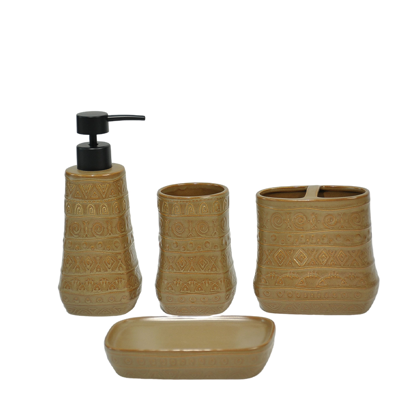Brown-toned ethnic-style relief bathroom four-piece set