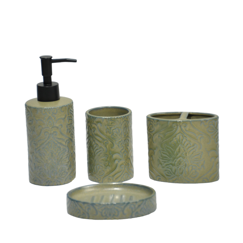 Light green retro patterned relief bathroom four-piece set