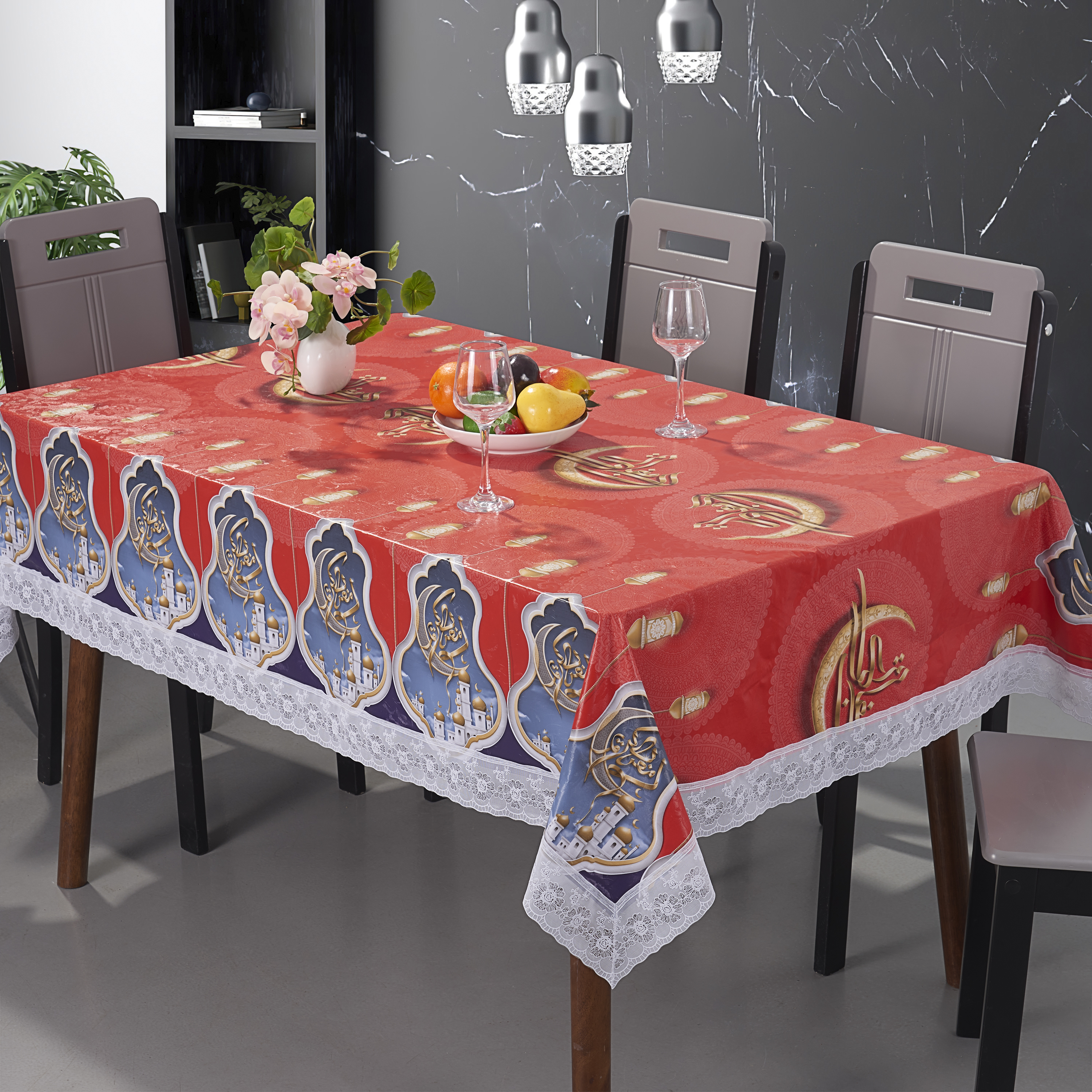 Ramadan PVC Printed Tablecloth with Flannel Backing _White 3 Inch PVC Lace Edge