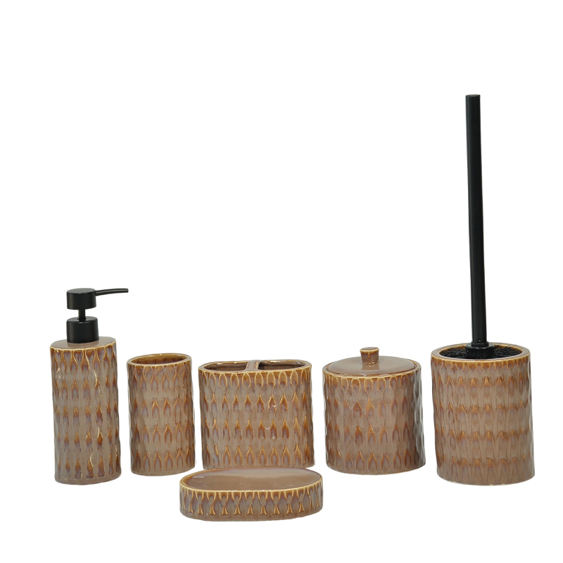 Brown-toned geometric relief bathroom six-piece set