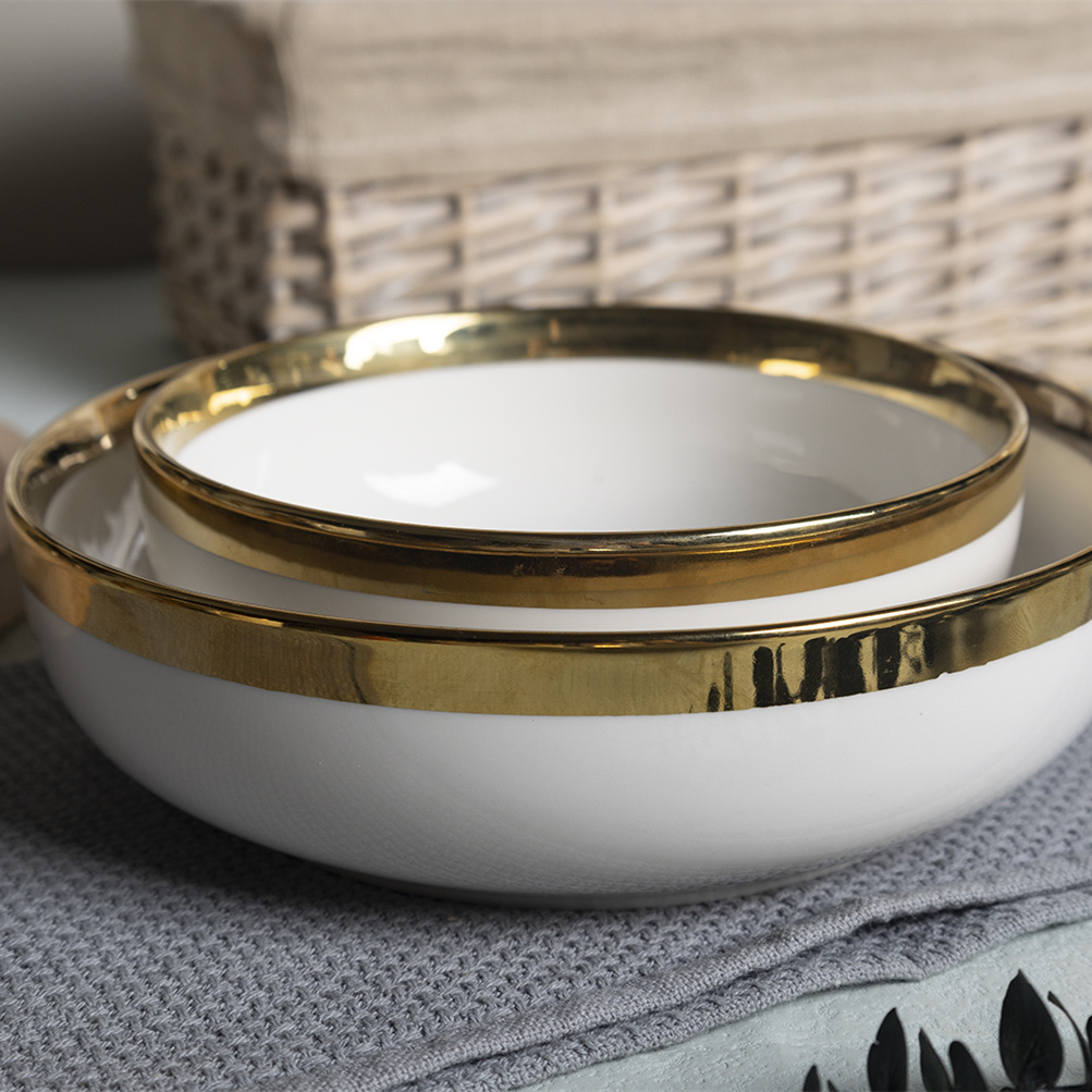 Happy Go White Porcelain 15.5CM BOWL WITH ELECTROPLATED RIM