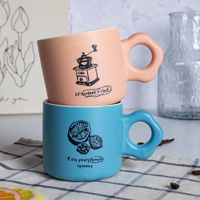 11oz Flower Handle Ceramic Mug with Coffee & Dessert Illustration, Nordic Gift Tea Cup