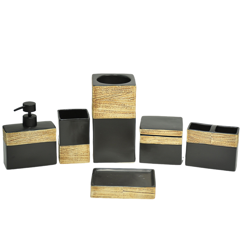 Black and brown contrasting texture square bathroom six-piece set