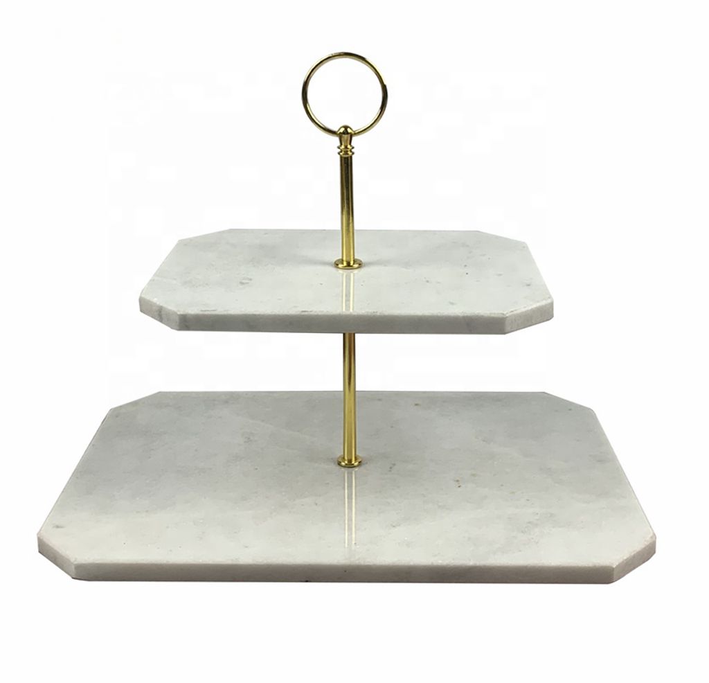 Two tiers white marble rectangle cake stand with gold color metal handle，marble craft