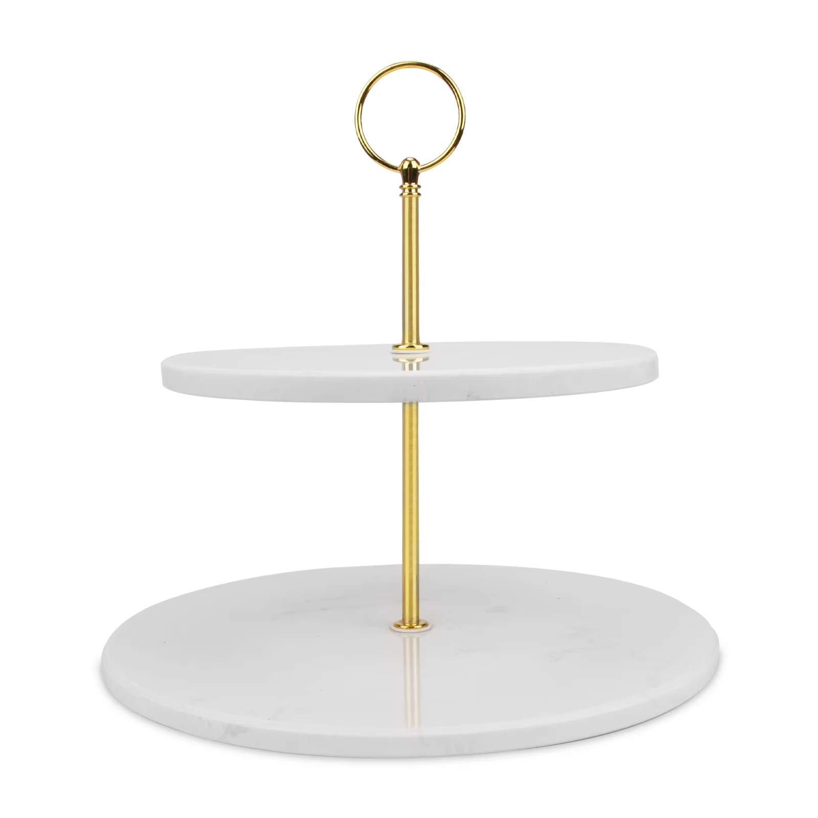 Two tiers white marble cake stand with rose gold color metal handle，marble craft