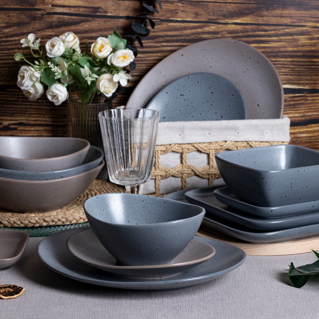 Reaction glaze spray dot square stoneware tableware set minimalist style