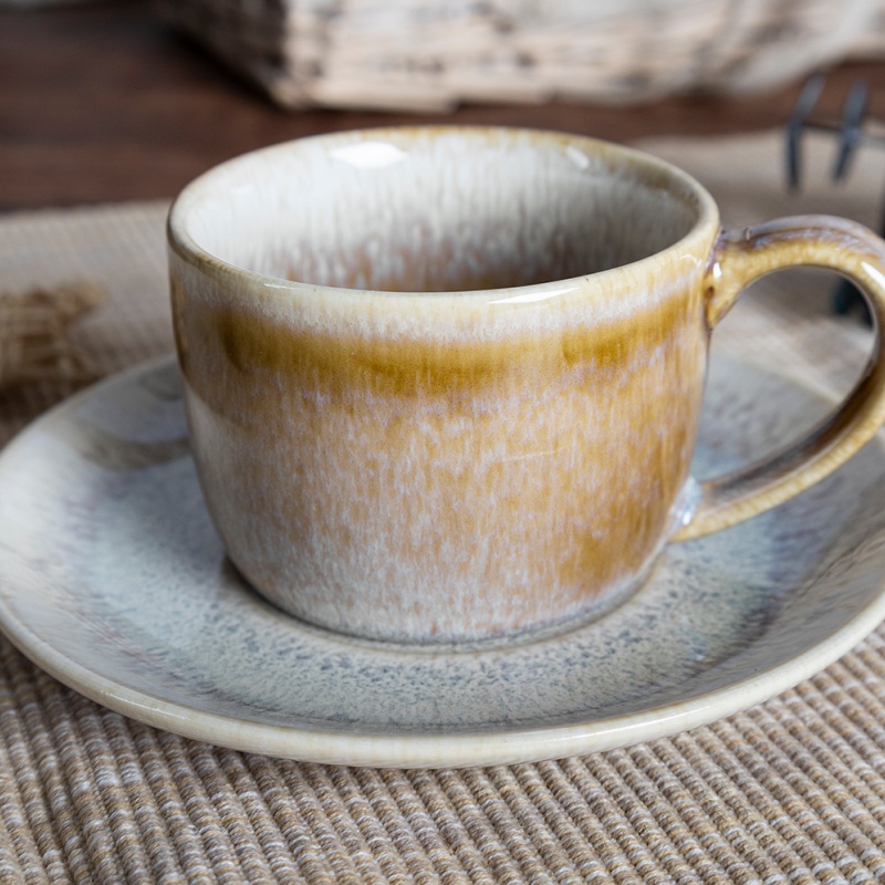 6.5OZ Stoneware Cup & Saucer Set, Reactive Glaze Finish, Blue/Orange/Beige Colors
