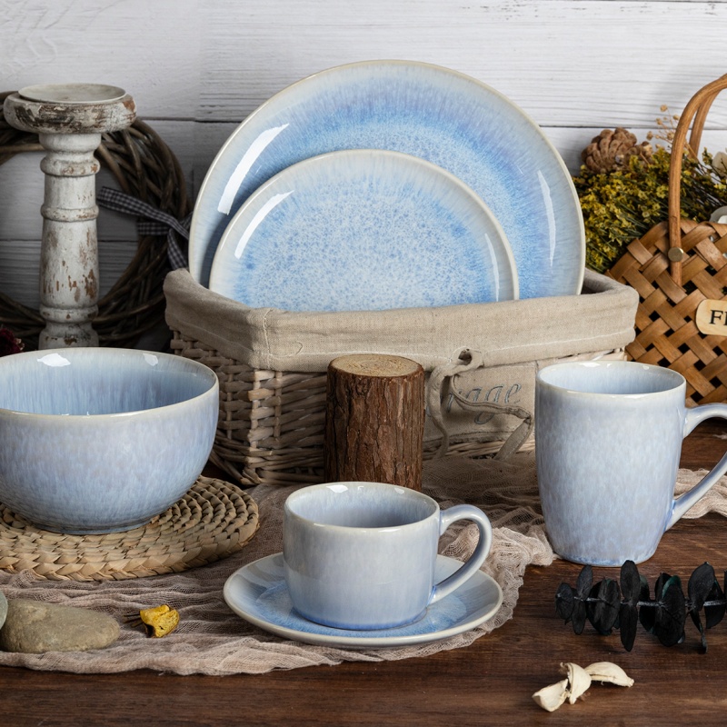 26CM & 21CM Reactive Glaze Plates Set, Blue/Orange/Beige Options, Handmade Stoneware