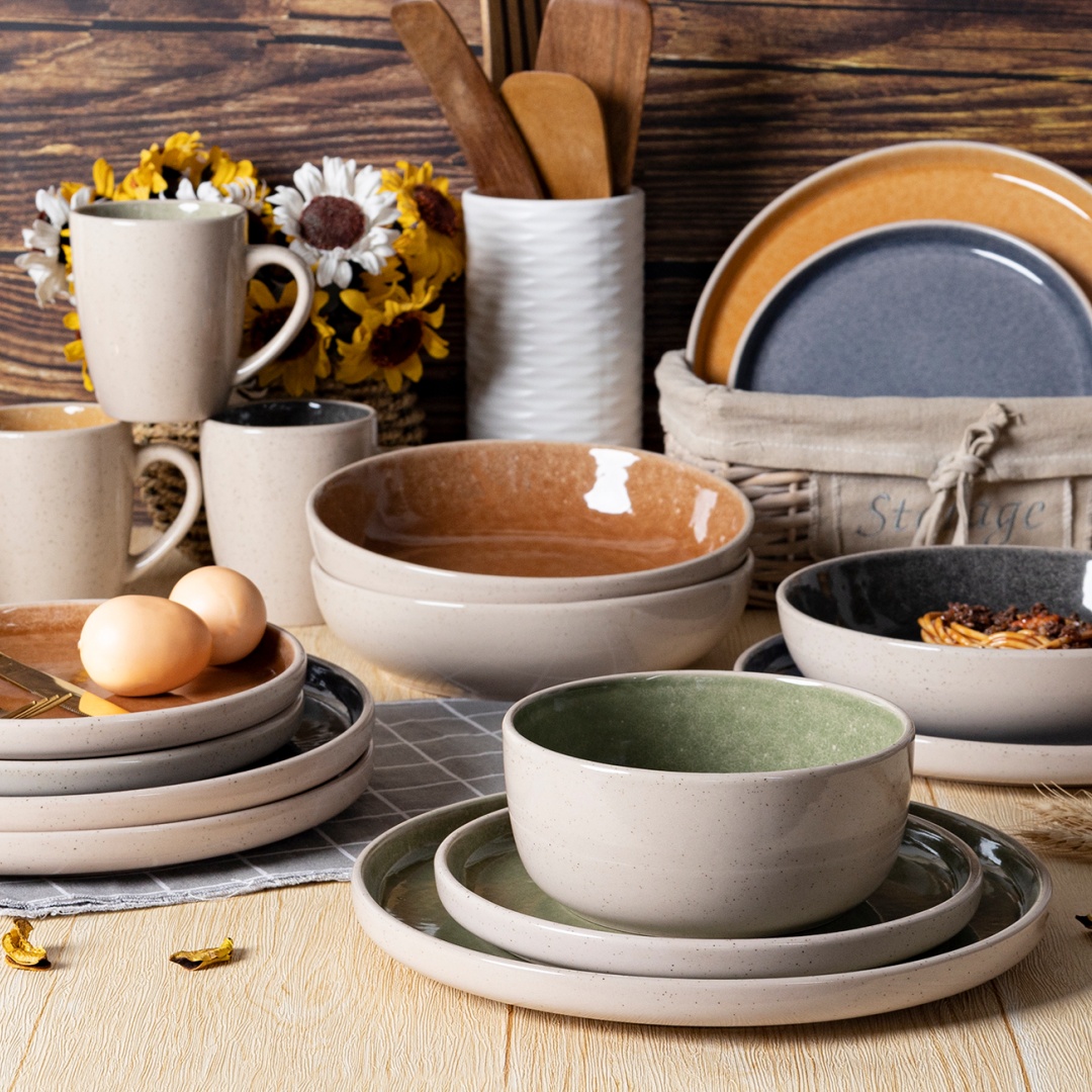 INSIDE SHINNY REACTIVE GLAZE AND OUTSIDE COLOR GLAZE WITH SPECKLES stoneware set colorful OEM ODM