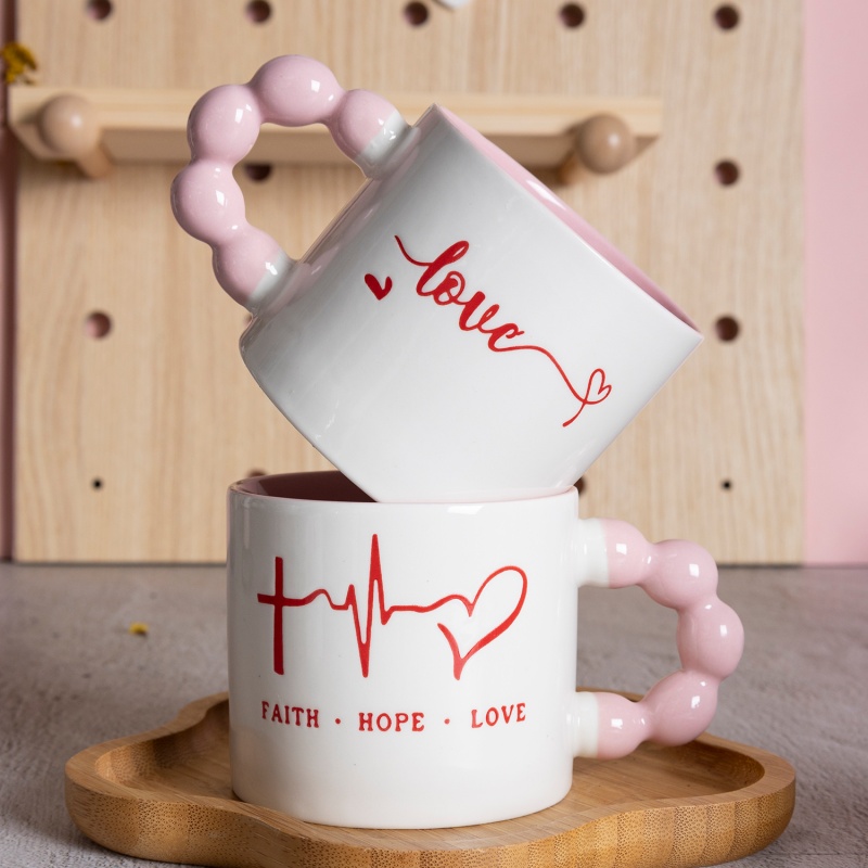 12oz Beaded Handle Ceramic Mug Love & Hope Valentine’s Edition Sweet Pink Couple Coffee Cup