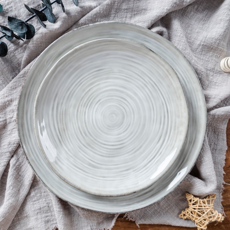 27.8CM Stoneware Dinner Plate, Double-Sided Spiral Embossed Reactive Glaze Tableware