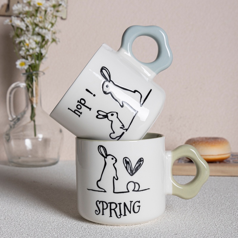 11oz Easter Bunny Flower Handle Ceramic Mug, Hand-Drawn Rabbit Illustration Pastel Gift Cup
