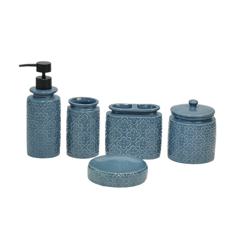 Dark blue geometric pattern relief kiln transformation bathroom five-piece set