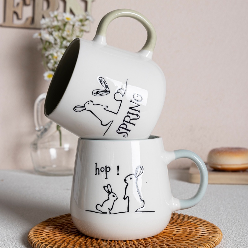 12oz Easter Bunny Round Ceramic Mug, Cute Rabbit Print Pastel Color Coffee Cup