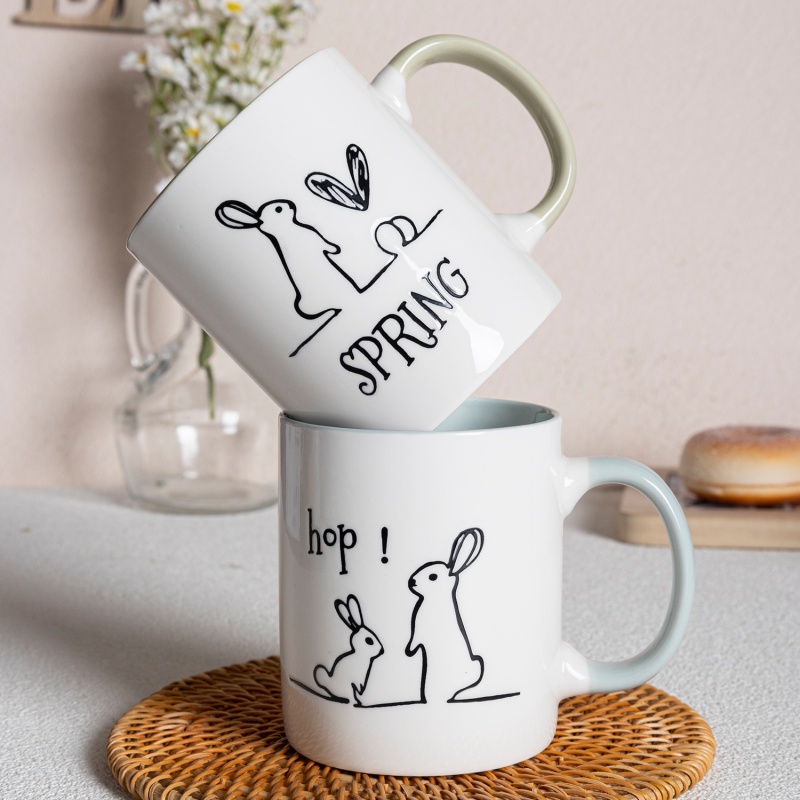 11oz Easter Bunny Straight Ceramic Mug, Hand-Drawn Rabbit Letter Design Home Tea Cup