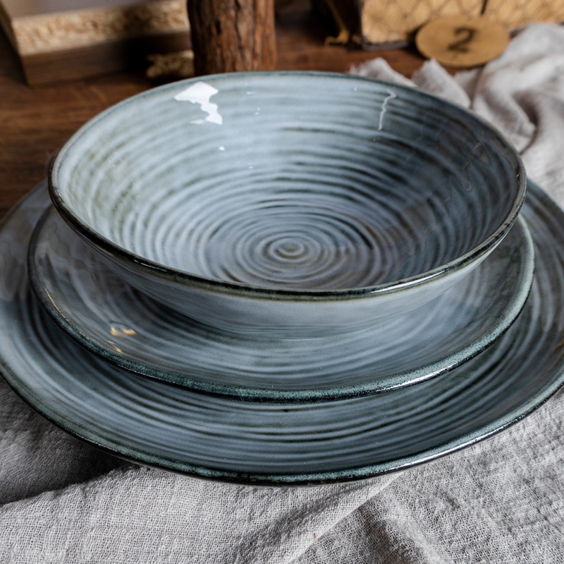 18-Piece Stoneware Dinner Set, Spiral Reactive Glaze, Plates & Soup Bowls Gift Box