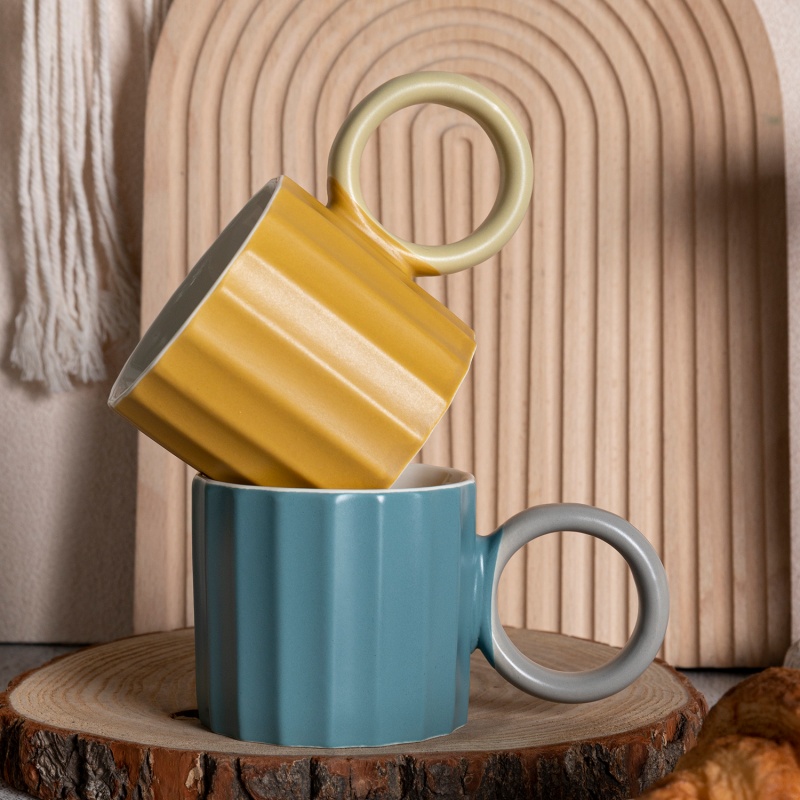 9oz Matte Ceramic Mug with Geometric Handle, Autumn Winter Minimalist Nordic Cup