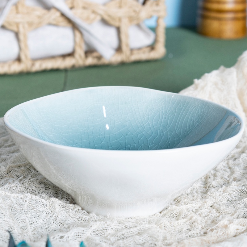 15CM Irregular Bowl, Inner Crackle Reactive Glaze & Outer Matte White, Green/Purple Options
