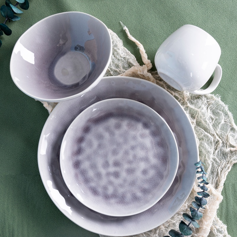 16-Piece Stoneware Dinner Set, Inner Crackle Reactive Glaze & Outer Matte White Finish