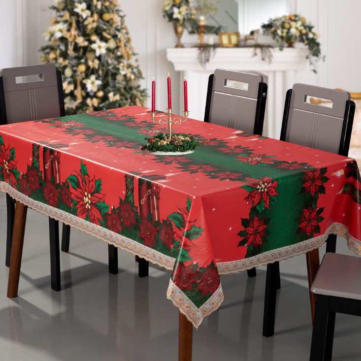 Christmas PVC Printed Tablecloth with Non-woven Fabric Backing_2 Inch Gold PVC Lace Edge