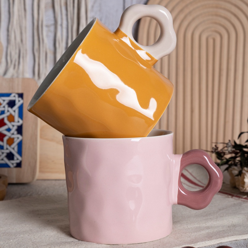 11oz Macaron Flower Handle Ceramic Mug, Cute Color Glazed Coffee Cup Nordic Style