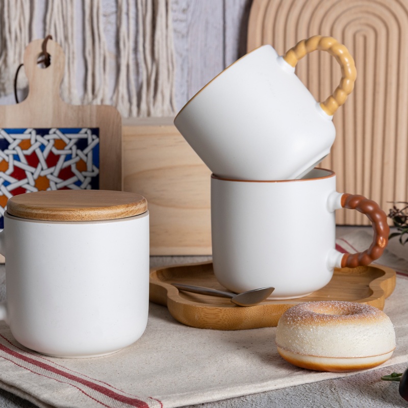 12oz Twisted Handle Matte Ceramic Mug, Nordic Minimalist Coffee Cup with Colored Glaze Handle