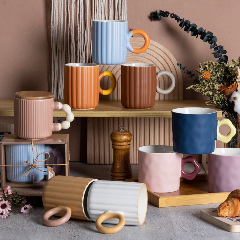 12/13/15OZ Contrast Handle Matte Ceramic Mug with Glossy Inner Glaze, Nordic Style Coffee Cup