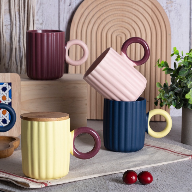 12oz Full Matte Contrast Handle Ceramic Mug, Nordic Minimalist Coffee Cup, Color Glazed Design
