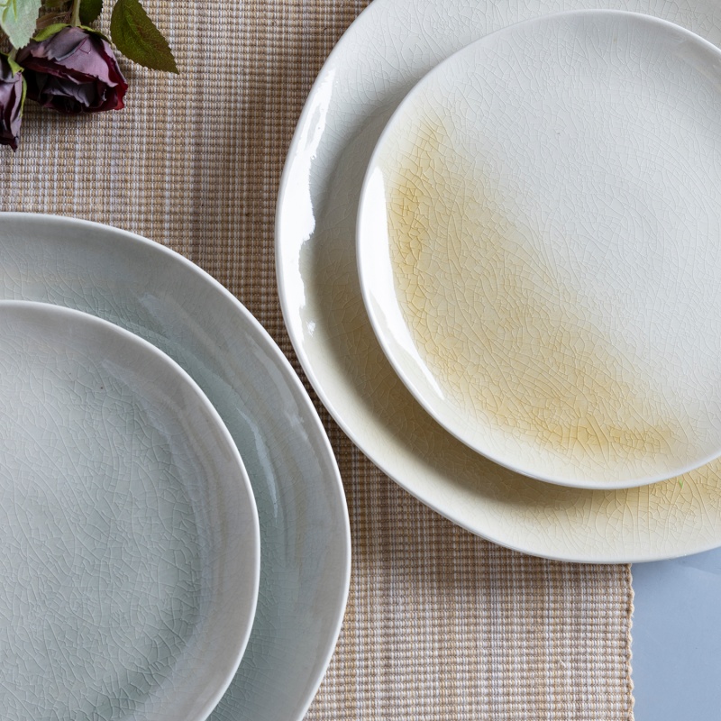 27CM Irregular Plate, Crackle Glaze with Half-Dipped Color Design, Handmade Stoneware Tableware
