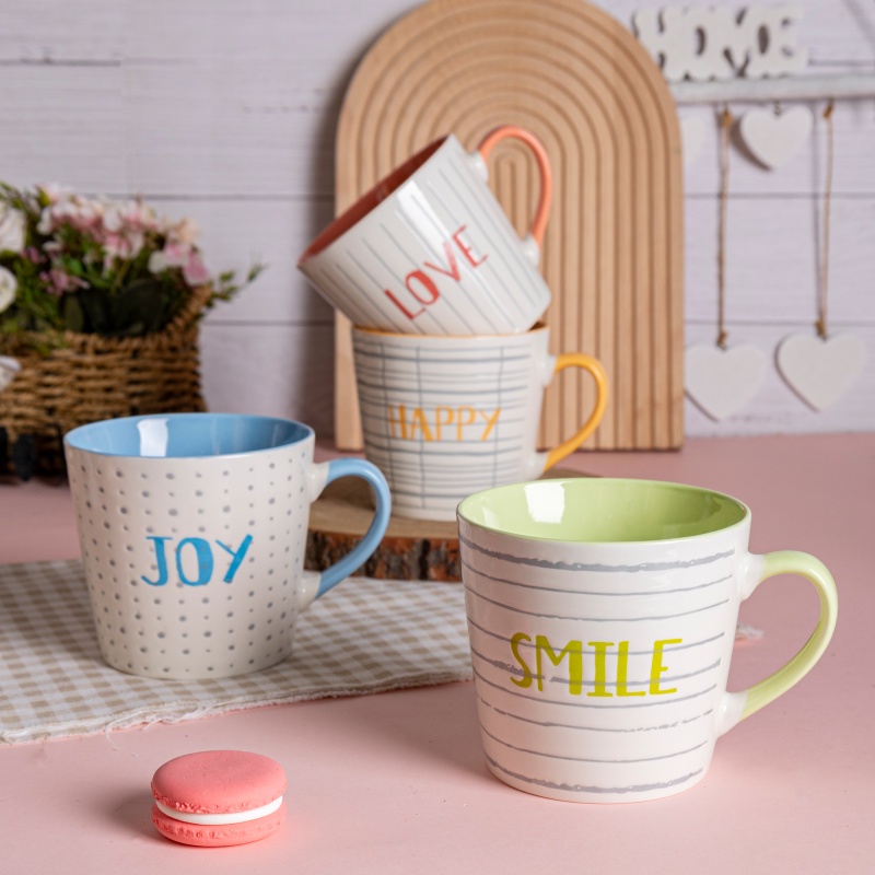 18oz Happy Words Ceramic Mug, Large Cone Cup with Color Glaze, Motivational Coffee Cup