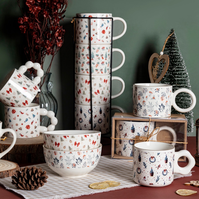 Christmas Joy Ceramic Mug & Bowl Set, Gold Rim Holiday Coffee Cups with Festive Prints