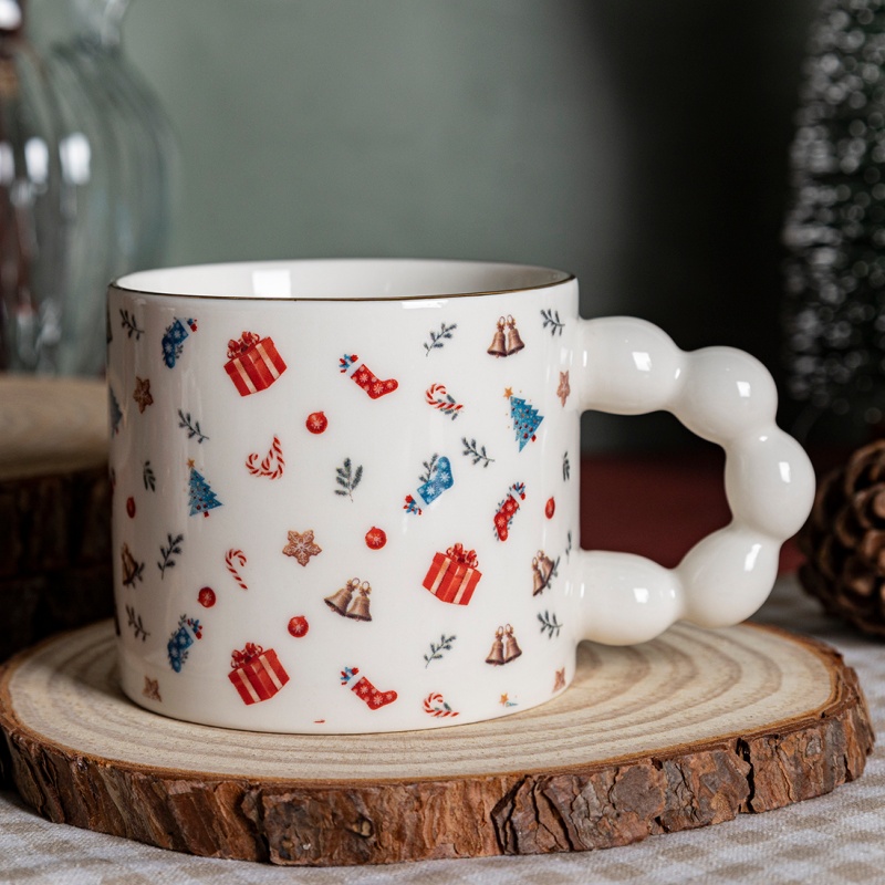 13oz Christmas Beaded Handle Mug, Gold Rim Ceramic Holiday Cup with Winter Prints