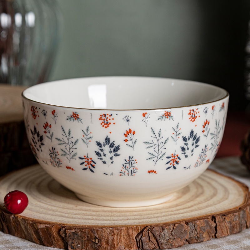 13cm Christmas Ceramic Bowl with Gold Rim, Festive Snowflake & Tree Print Breakfast Bowl