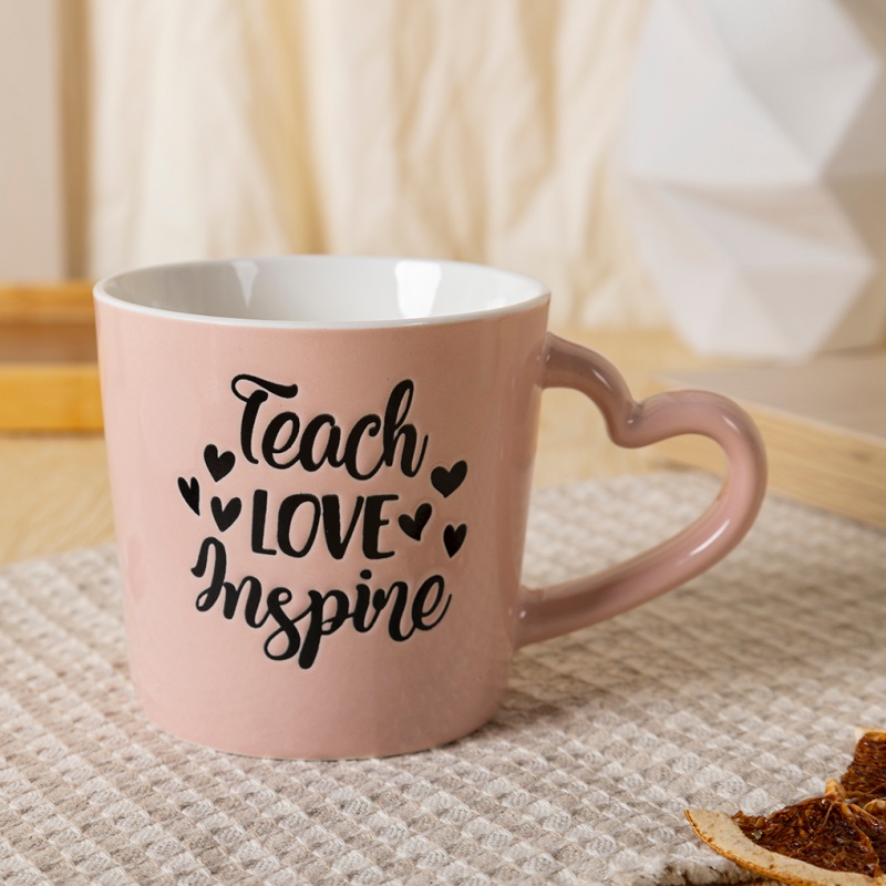 13oz Teacher’s Day Heart Handle Mug, Embossed Text Ceramic Coffee Cup, Thank You Gift