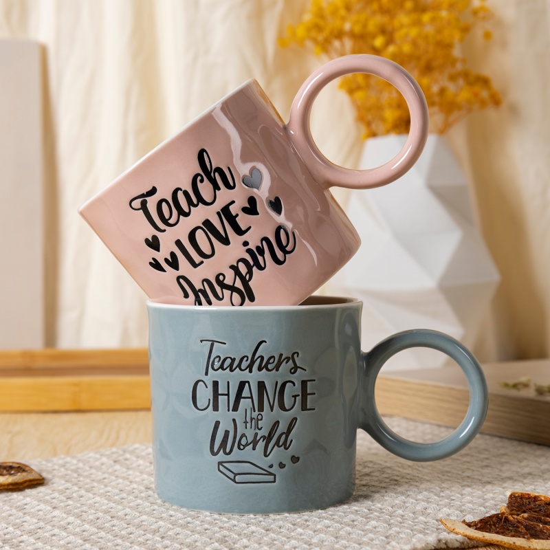13/16OZ Round Handle Teacher Appreciation Mug, Embossed Lettering Ceramic Cup