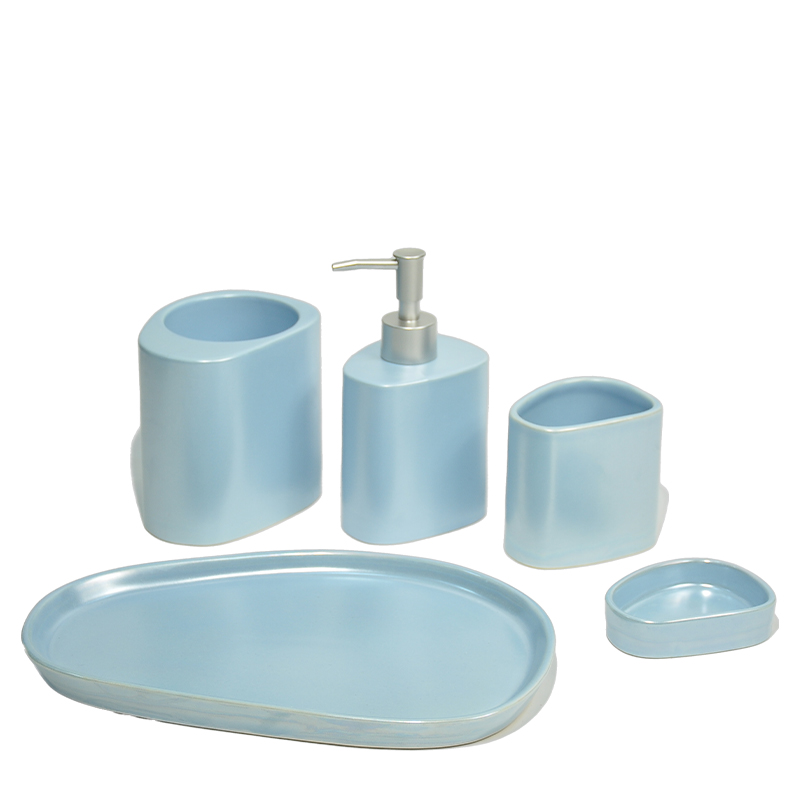 A light blue irregularly shaped bathroom five-piece set