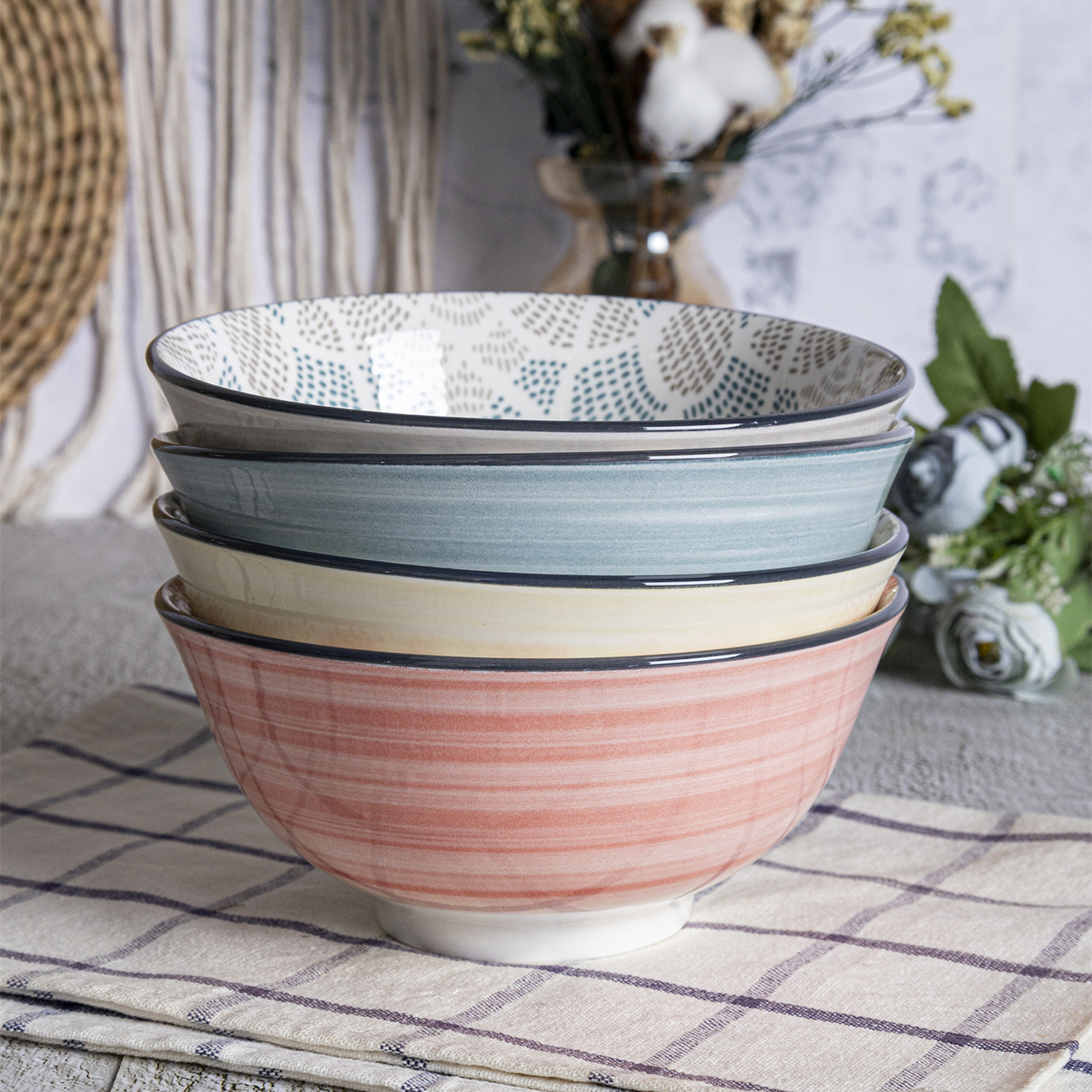 Happy Go Porcelain 15.5CM / 11.5CM BOWL WITH TWO COLOR PAD PRINTING AND COLOR RIM