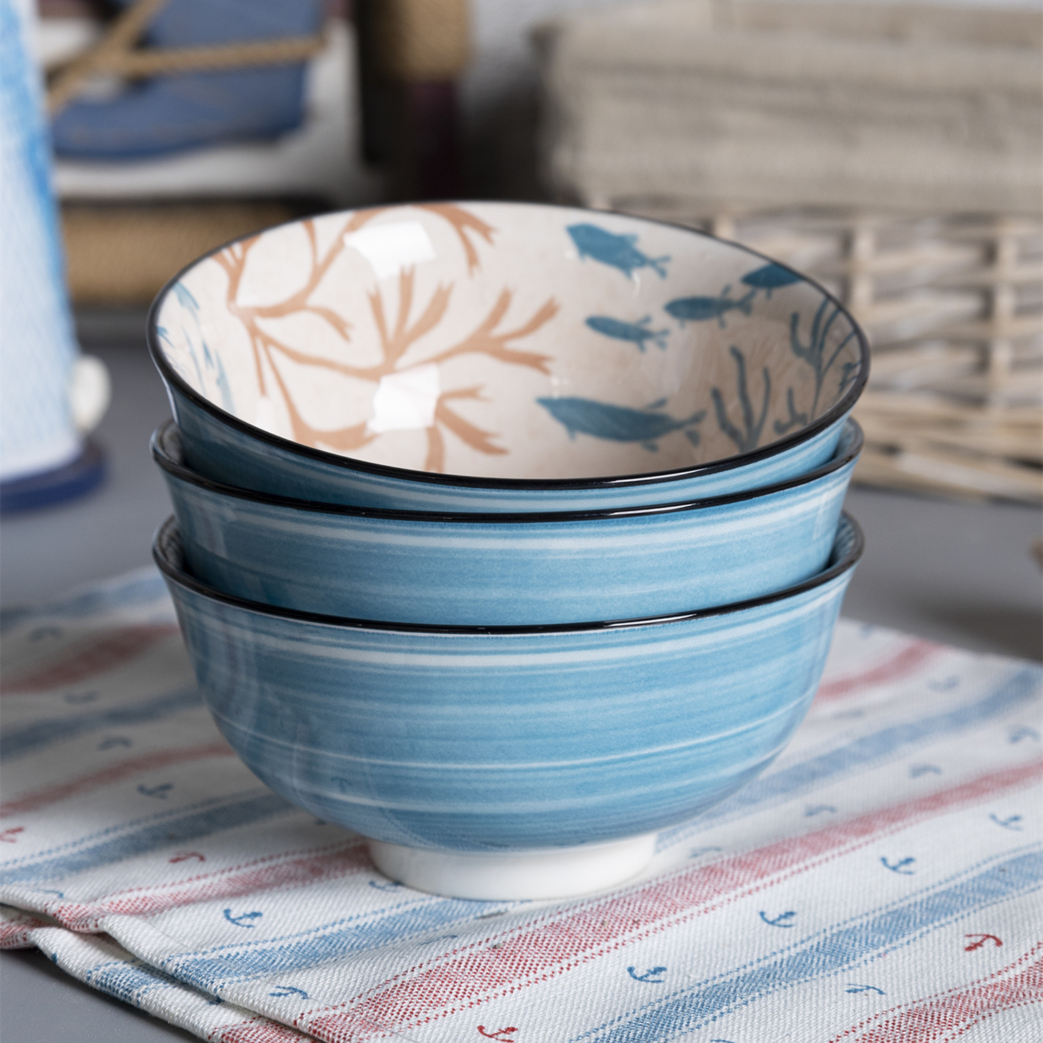 Happy Go Porcelain 15.5CM / 11.5CM BOWL WITH TWO COLOR PAD PRINTING AND COLOR RIM